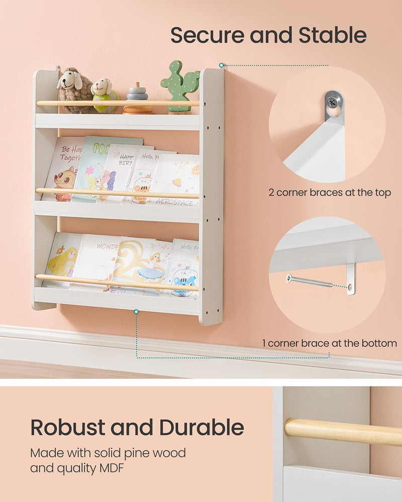 White and Natural 3 Tier Wall Mounted Kids Bookshelf Space Saving Bookcase by Songmics