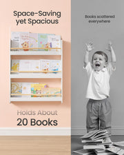 White and Natural 3 Tier Wall Mounted Kids Bookshelf Space Saving Bookcase by Songmics
