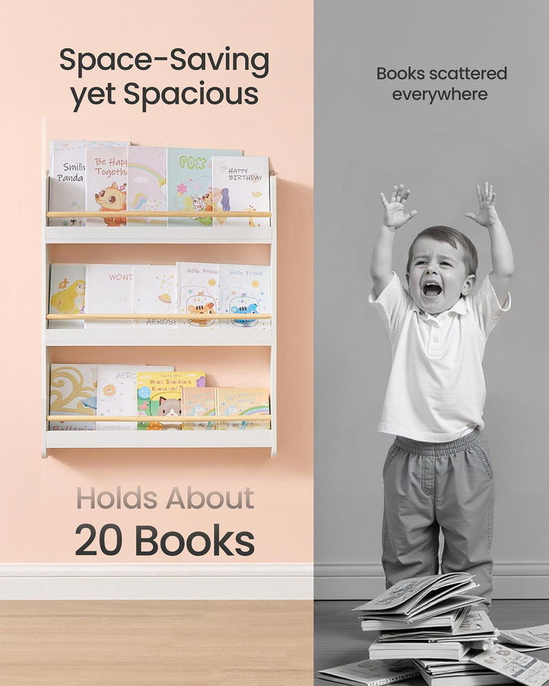 White and Natural 3 Tier Wall Mounted Kids Bookshelf Space Saving Bookcase by Songmics
