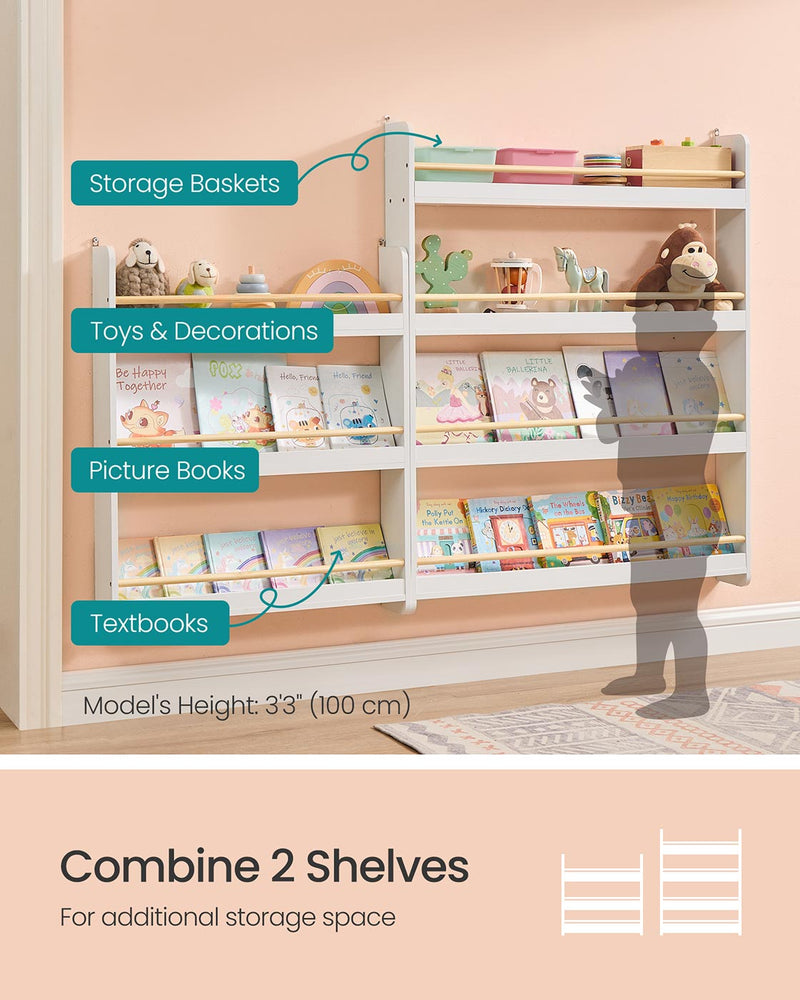 White and Natural 3 Tier Wall Mounted Kids Bookshelf Space Saving Bookcase by Songmics