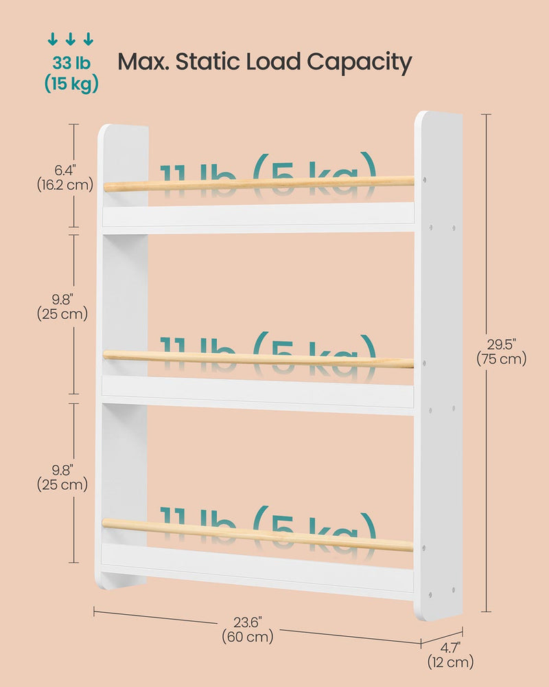 White and Natural 3 Tier Wall Mounted Kids Bookshelf Space Saving Bookcase by Songmics