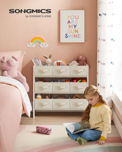 Kids Toy Storage Organiser with 9 Plastic Boxes for Bedroom in Cloud White by Songmics