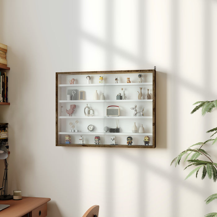 5 Tier Wall Display Cabinet With Glass Doors And Adjustable Shelves Rustic Brown by HOMCOM