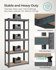 75 x 30 x 150 cm 5 Tier Steel Shelving Unit Heavy Duty Storage Rack Holds 650 kg Slate Grey by Songmics