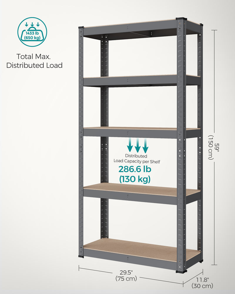 75 x 30 x 150 cm 5 Tier Steel Shelving Unit Heavy Duty Storage Rack Holds 650 kg Slate Grey by Songmics