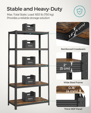 120x60x200cm 5 Tier Heavy Duty Shelving Unit Black and Rustic Brown Holds Up to 750kg by Songmics