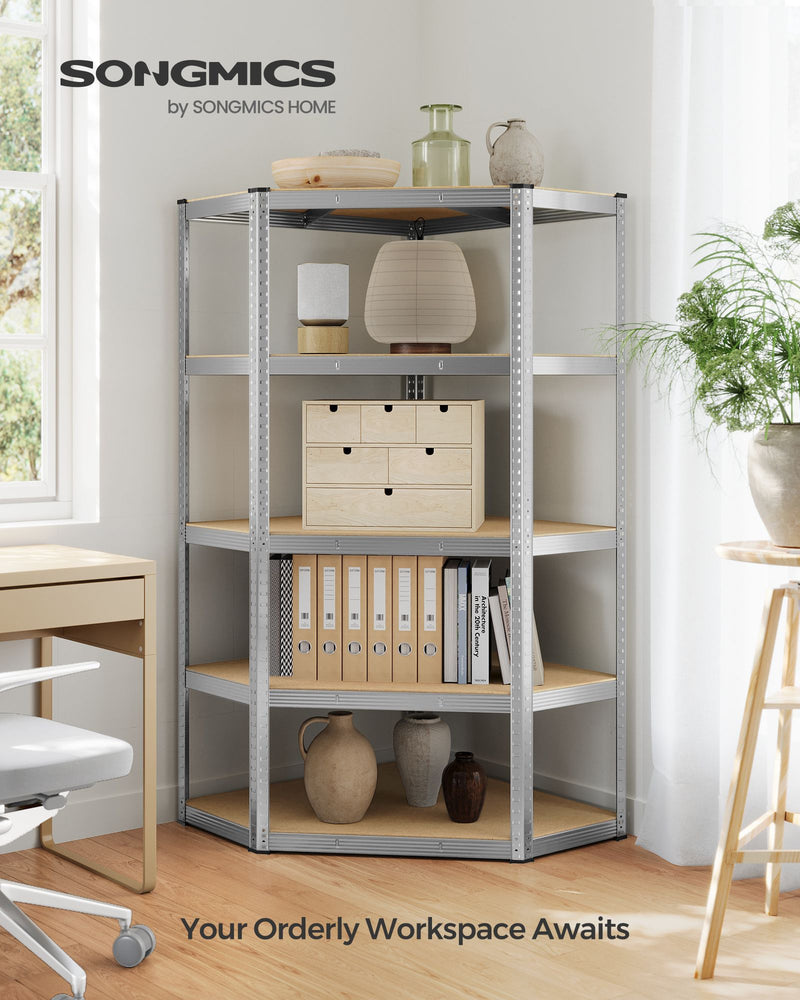 5 Tier Corner Shelf Unit 90 cm Wide in Silver and Natural Beige for Home Storage by Songmics