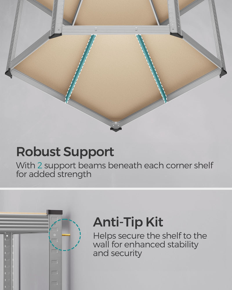 5 Tier Corner Shelf Unit 90 cm Wide in Silver and Natural Beige for Home Storage by Songmics