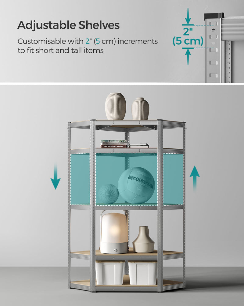 5 Tier Corner Shelf Unit 90 cm Wide in Silver and Natural Beige for Home Storage by Songmics