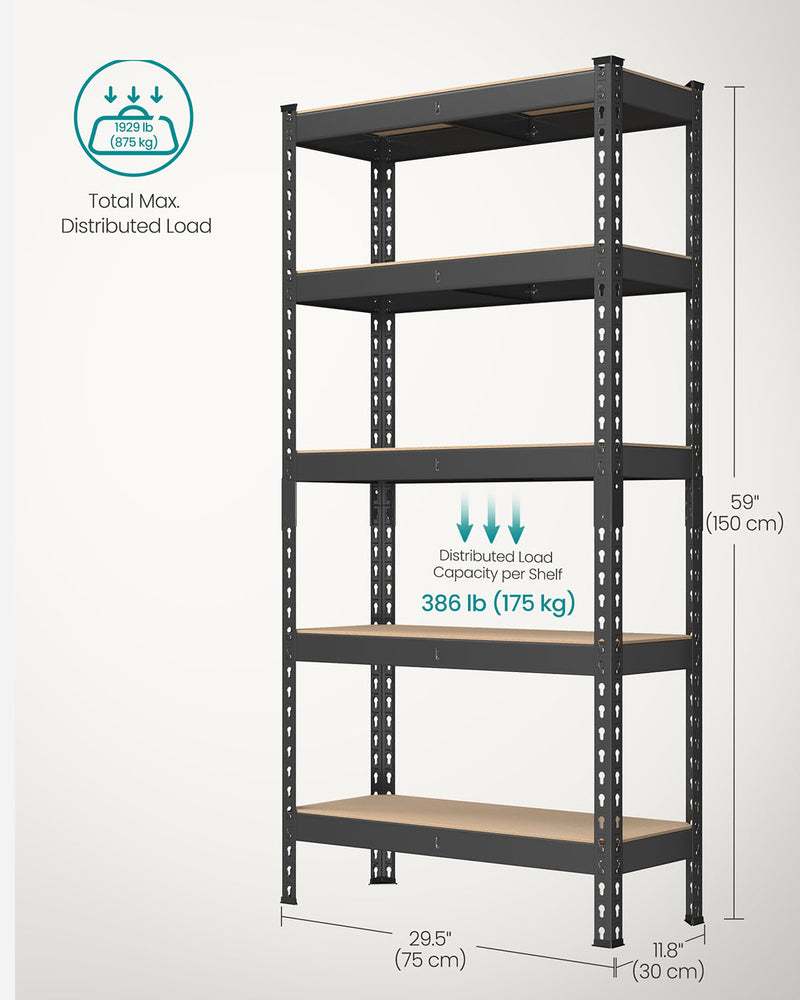 Set of 2 Black 5 Tier Metal Storage Shelving Units 875 kg Capacity Heavy Duty by Songmics