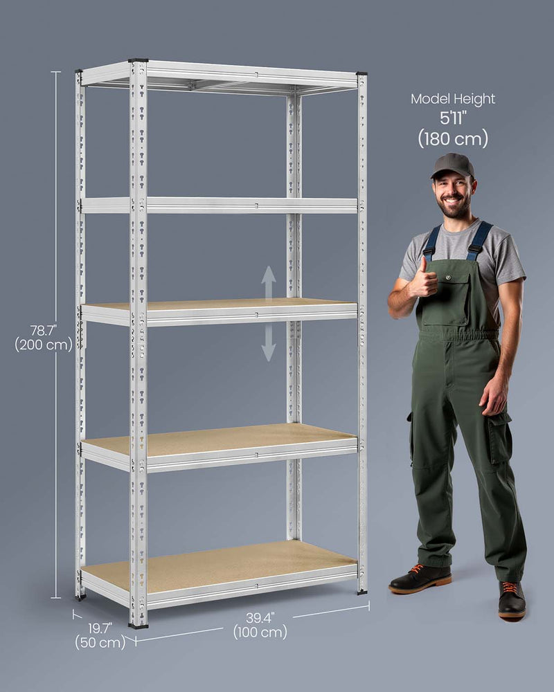 100x50x200cm Heavy Duty Silver Metal Storage Racking Shelf with Adjustable Shelves for Garage or Home by Songmics