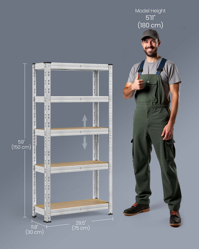 75x30x150cm Heavy Duty Silver Metal Racking Storage Shelf with Adjustable Shelves for Garage or Office by Songmics