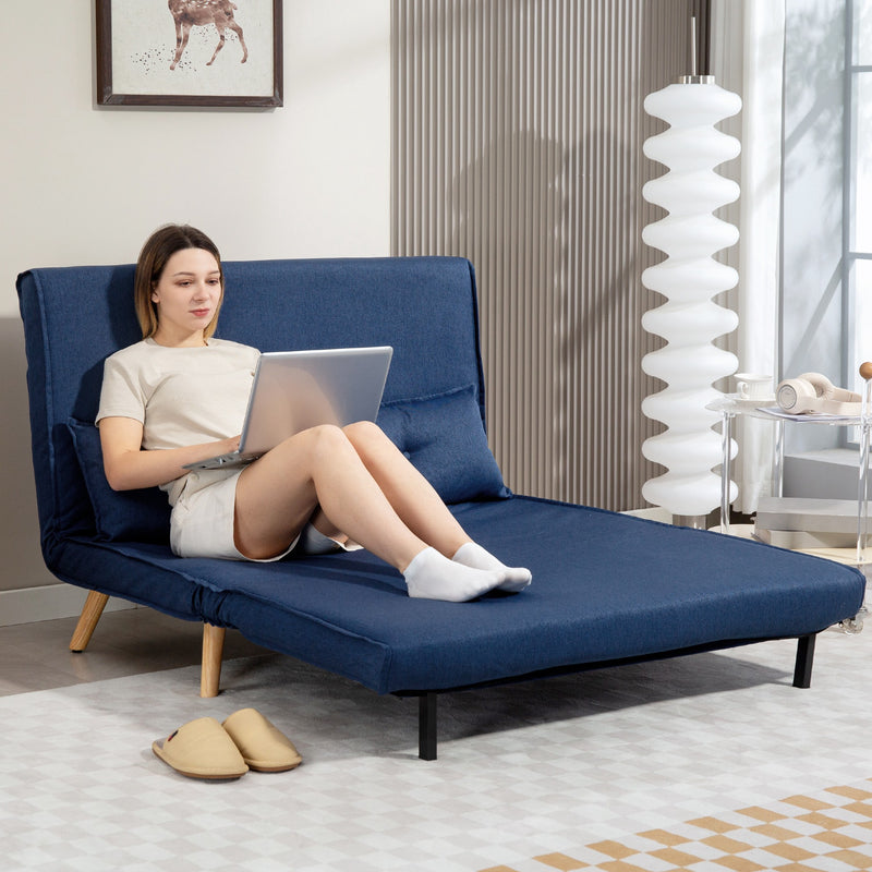Two Seater Linen Look Sofa Bed Converts to Guest Sleeper for Small Spaces Dark Blue