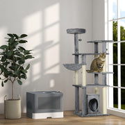 Enclosed Hooded Cat Litter Box with Drawer Scoop and Top Exit Design for Easy Cleaning, Grey