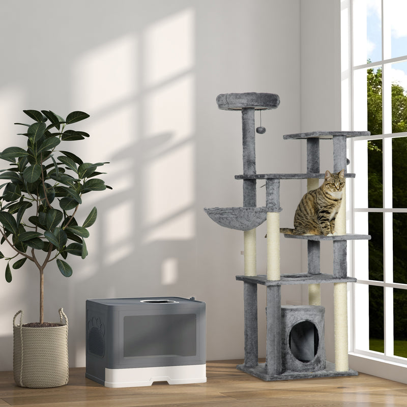 Enclosed Hooded Cat Litter Box with Drawer Scoop and Top Exit Design for Easy Cleaning, Grey
