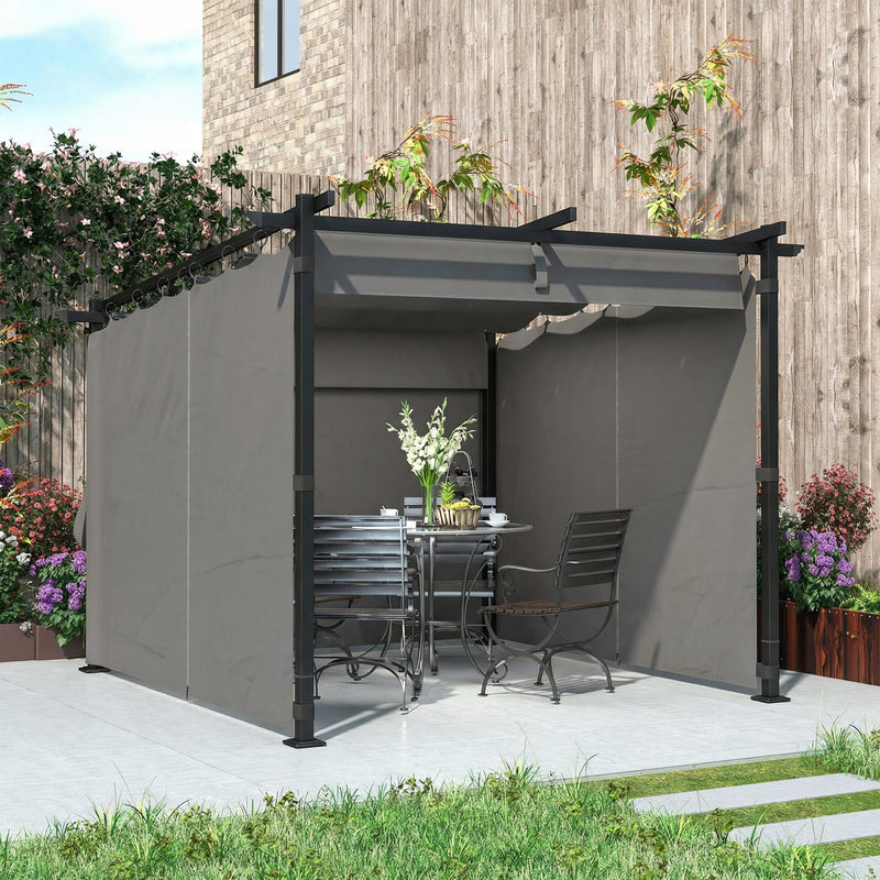 3x3m Metal Retractable Pergola With Side Curtains for Flexible Outdoor Shade, Grey
