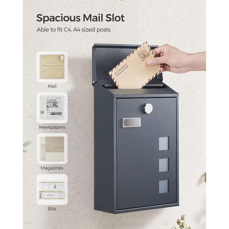 Wall Mounted Lockable Post Box Weatherproof Steel Mailbox 11.5 x 25.5 x 39.5 cm by Songmics