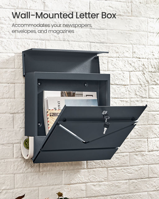 Wall Mounted Lockable Letter Box in Anthracite Grey with Protective Lid by Songmics