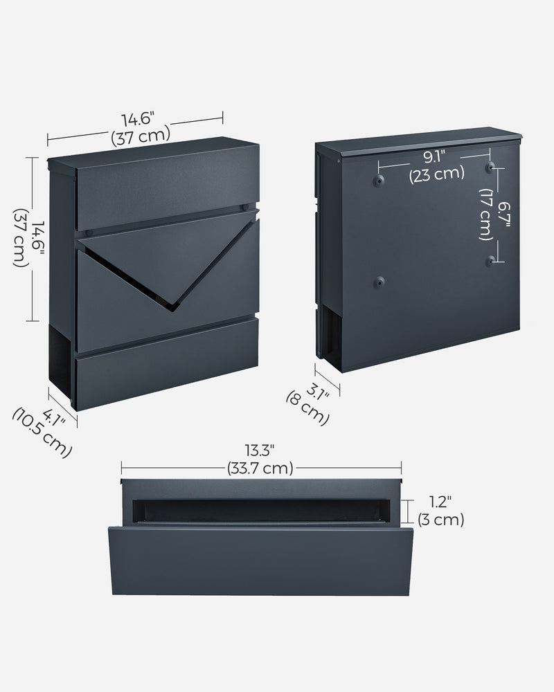 Wall Mounted Lockable Letter Box in Anthracite Grey with Protective Lid by Songmics