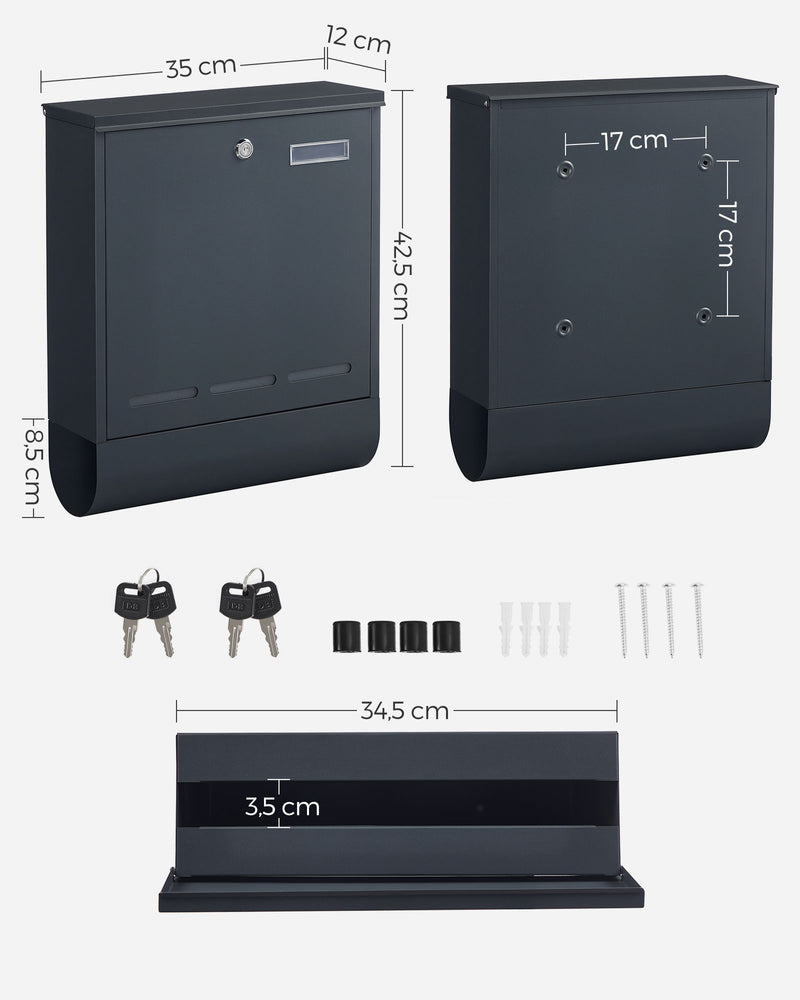 Wall Mounted Letter Box for Outdoor Use in Anthracite Grey with Lockable Lid by Songmics