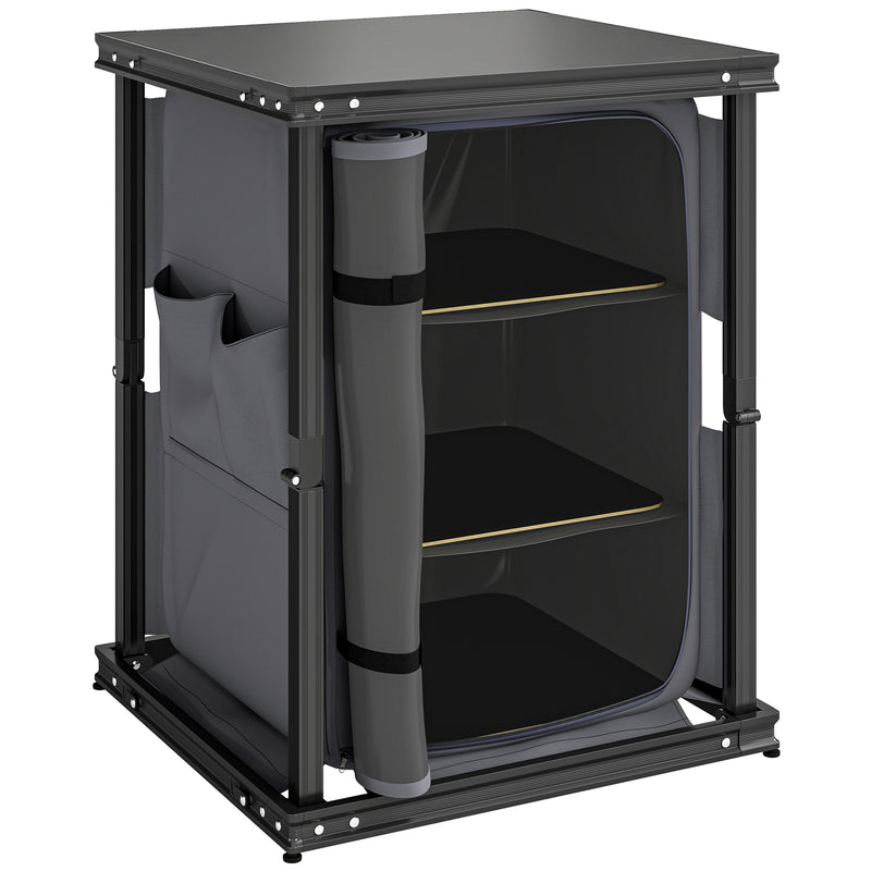 Camping Kitchen Unit with Shelves and Pockets for Organised Cooking Black