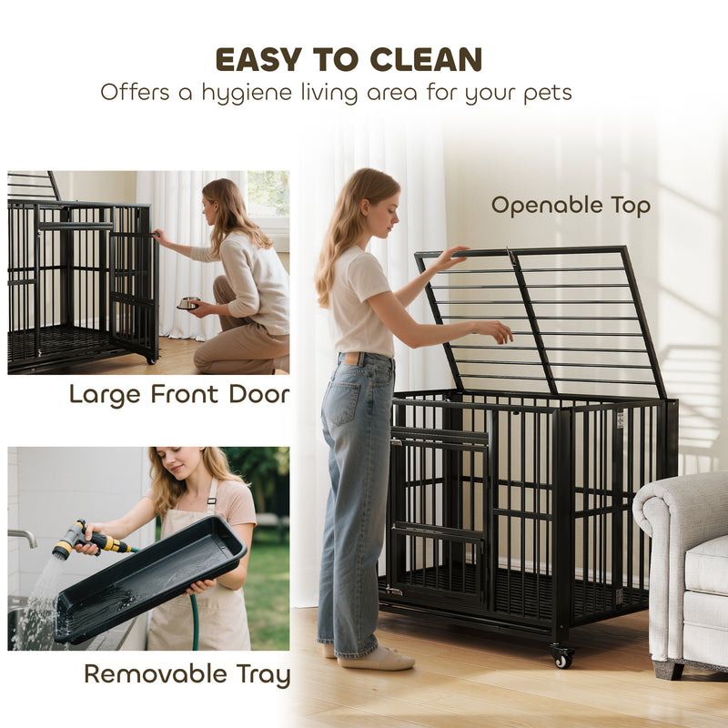 Heavy Duty Foldable Dog Crate With Wheels Open Top and Tray for Large Dogs, Black