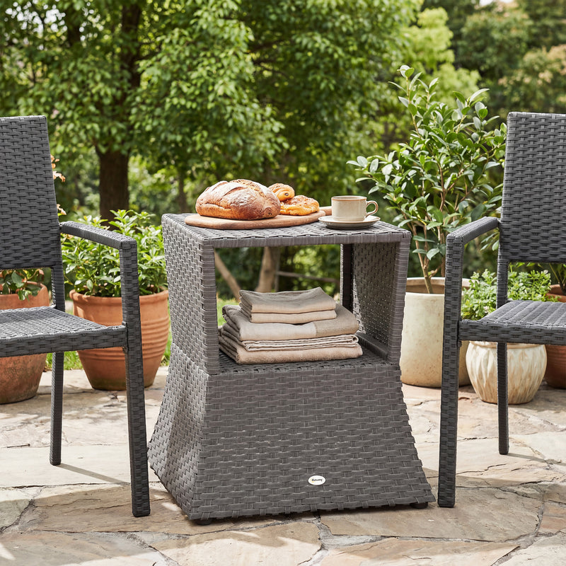 Rattan Garden Table with Parasol Hole and Storage Shelf for Outdoor Use Dark Grey Outsunny