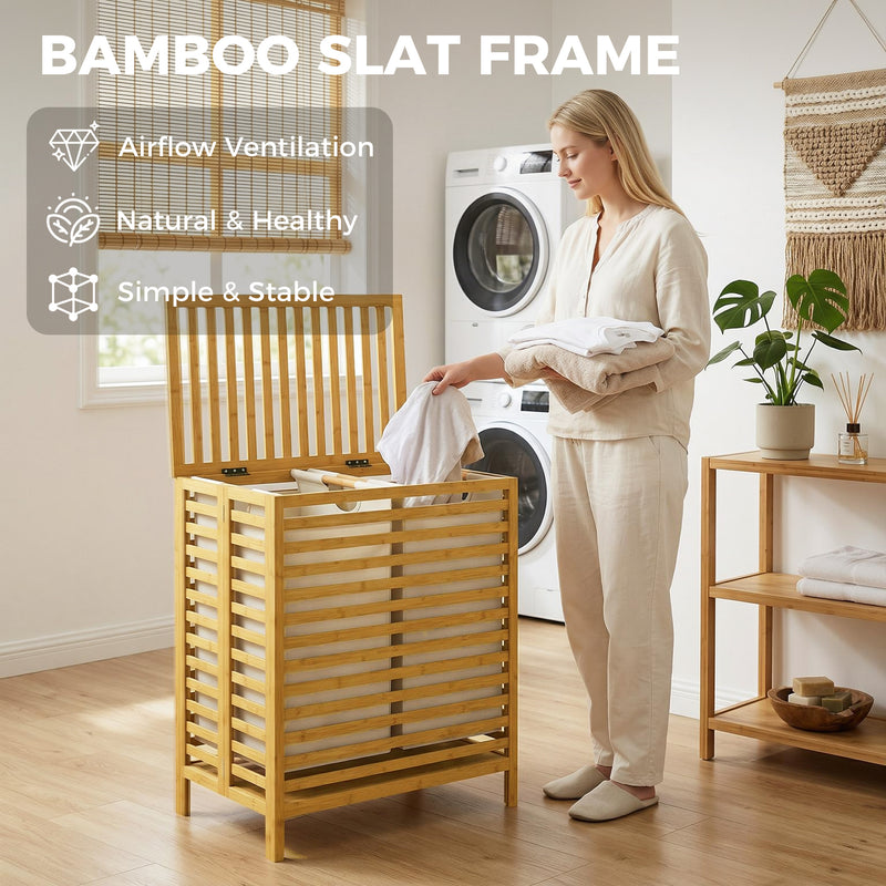 Double Laundry Basket With Removable Bags and Top Shelf for Easy Sorting Natural Bamboo Cream