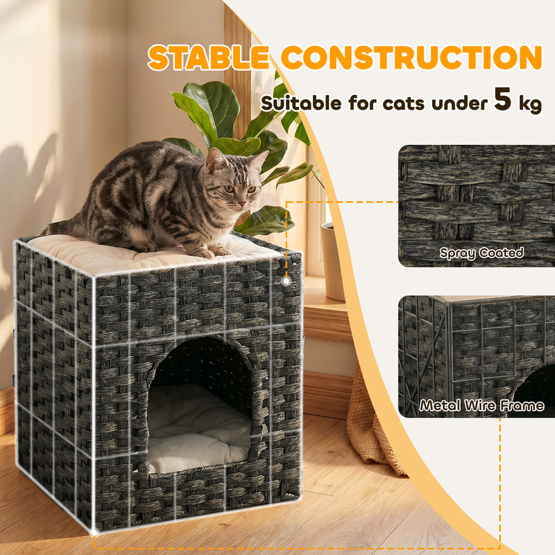 Two Level Cat House with Hideaway and Lounging Platform Easy Clean Grey Beige
