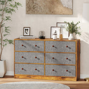 6 Drawer Fabric Chest of Drawers with Wooden Top for Bedroom Storage Grey and Rustic Brown