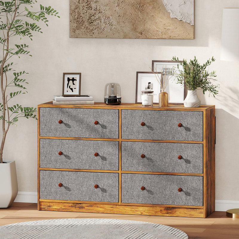 6 Drawer Fabric Chest of Drawers with Wooden Top for Bedroom Storage Grey and Rustic Brown