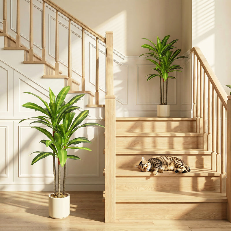 Artificial Dracaena Trees Set of 2 for Easy Maintenance Indoor Greenery with White Planters Green