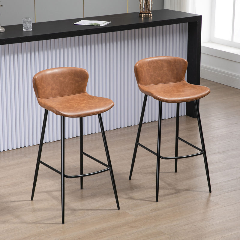 Set of 2 PU Leather Bar Stools with Backrest and Steel Legs for Kitchen Dining, Brown