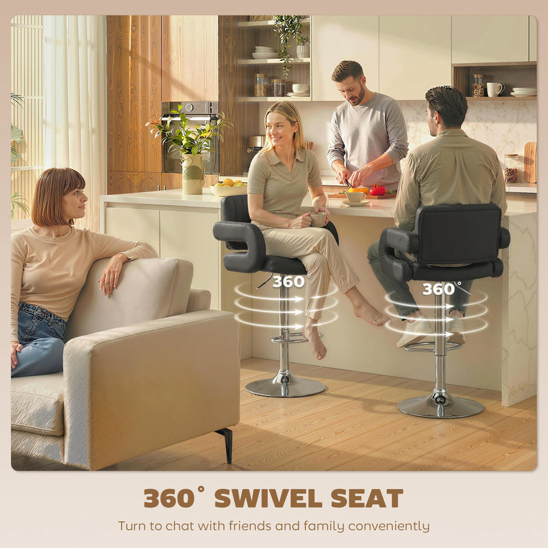 Adjustable Bar Stools with Padded Armrests for Comfortable Kitchen Seating Set of 2 Black AOSOM