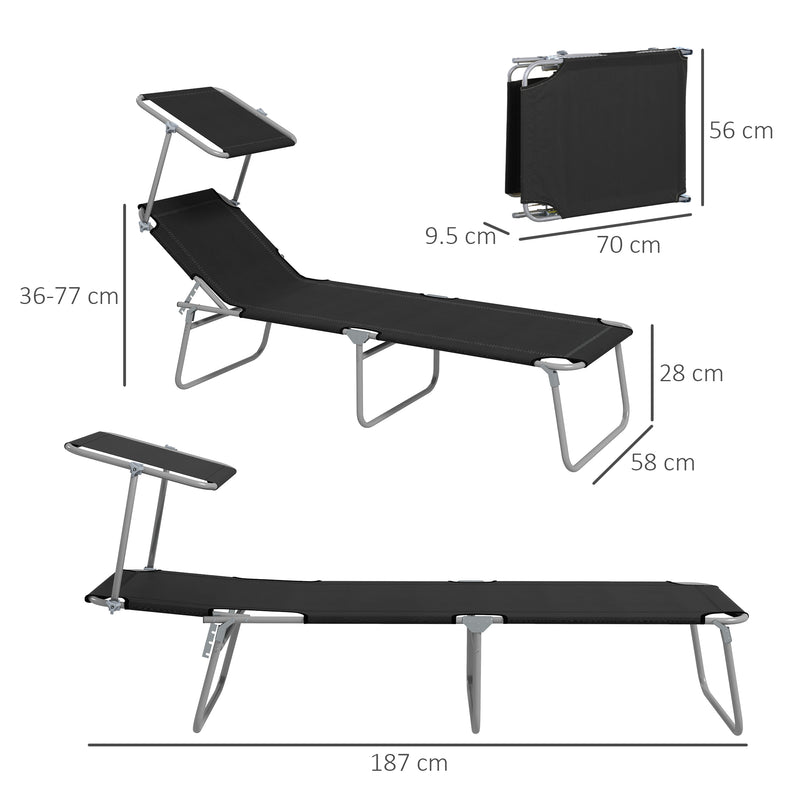 Black Foldable Sun Lounger Set of 2 With Sun Shade and Adjustable Backrest by Outsunny