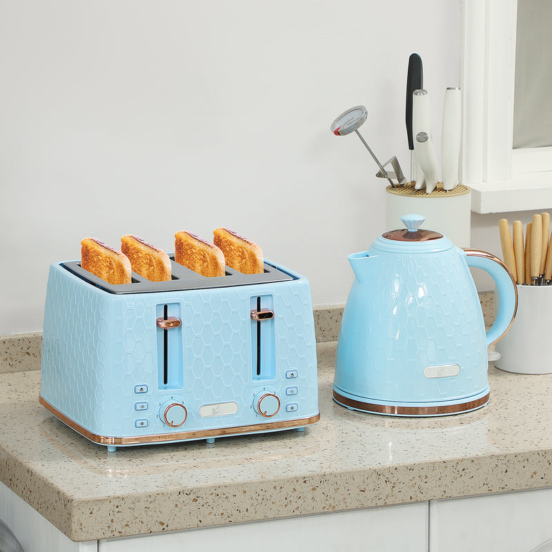 1.7L Fast Boil 3000W Jug Kettle and 4 Slice Toaster Set With Browning Control, Light Blue