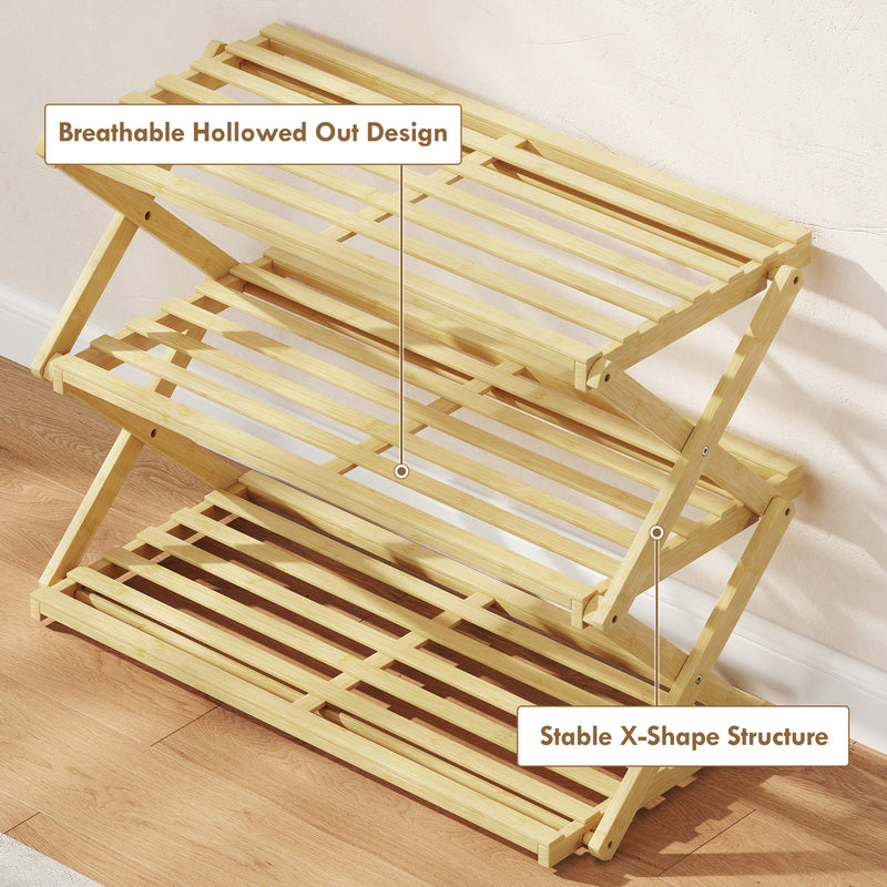 Three Tier Bamboo Shoe Rack Space Saving Foldable Storage Shelf Unit Natural Finish