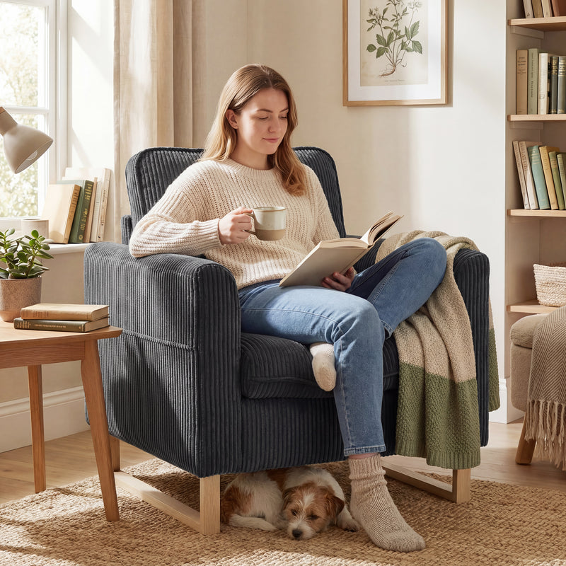 Armchair for Everyday Relaxation with Thick Cushion and Corduroy Upholstery Dark Grey AOSOM