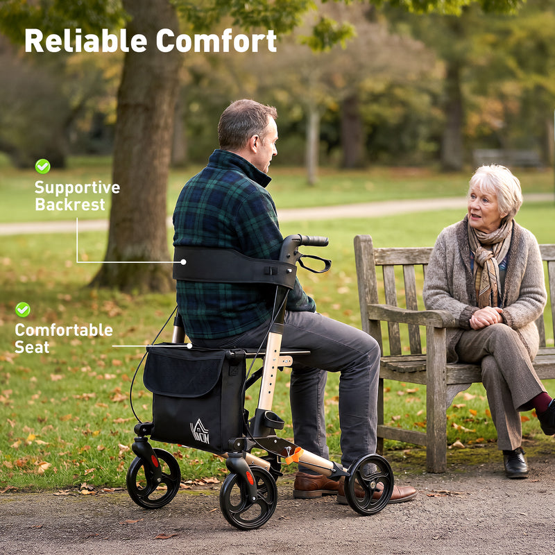 HOMCOM Rollator Walker with Seat with Carry Bag, Adjustable Height, Cane Holder for Seniors and Disabled, Gold Tone