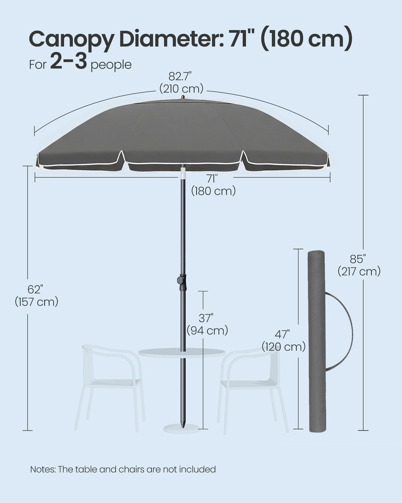 Grey Beach Parasol with Adjustable UPF 50+ Canopy Fibreglass Ribs & Carry Bag by SONGMICS Songmics