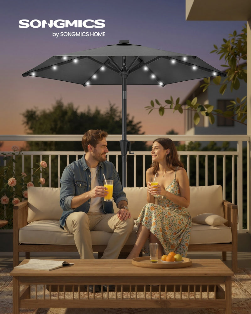 2m Grey Garden Parasol With Solar LED Lights Steel Frame & UPF50+ Tilting Shade by SONGMICS