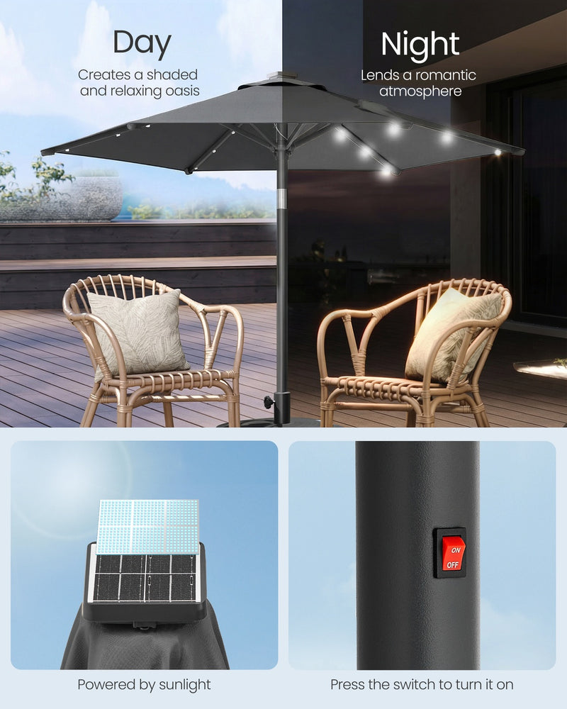 2m Grey Garden Parasol With Solar LED Lights Steel Frame & UPF50+ Tilting Shade by SONGMICS