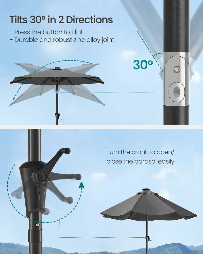 2m Grey Garden Parasol With Solar LED Lights Steel Frame & UPF50+ Tilting Shade by SONGMICS