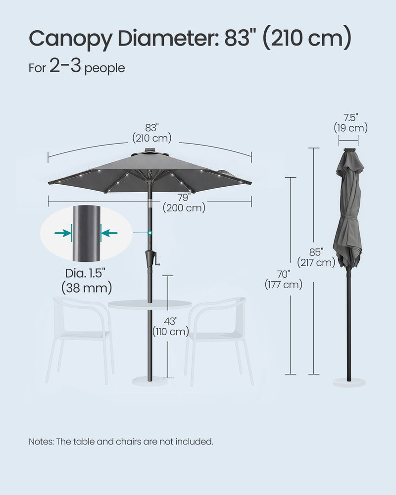 2m Grey Garden Parasol With Solar LED Lights Steel Frame & UPF50+ Tilting Shade by SONGMICS