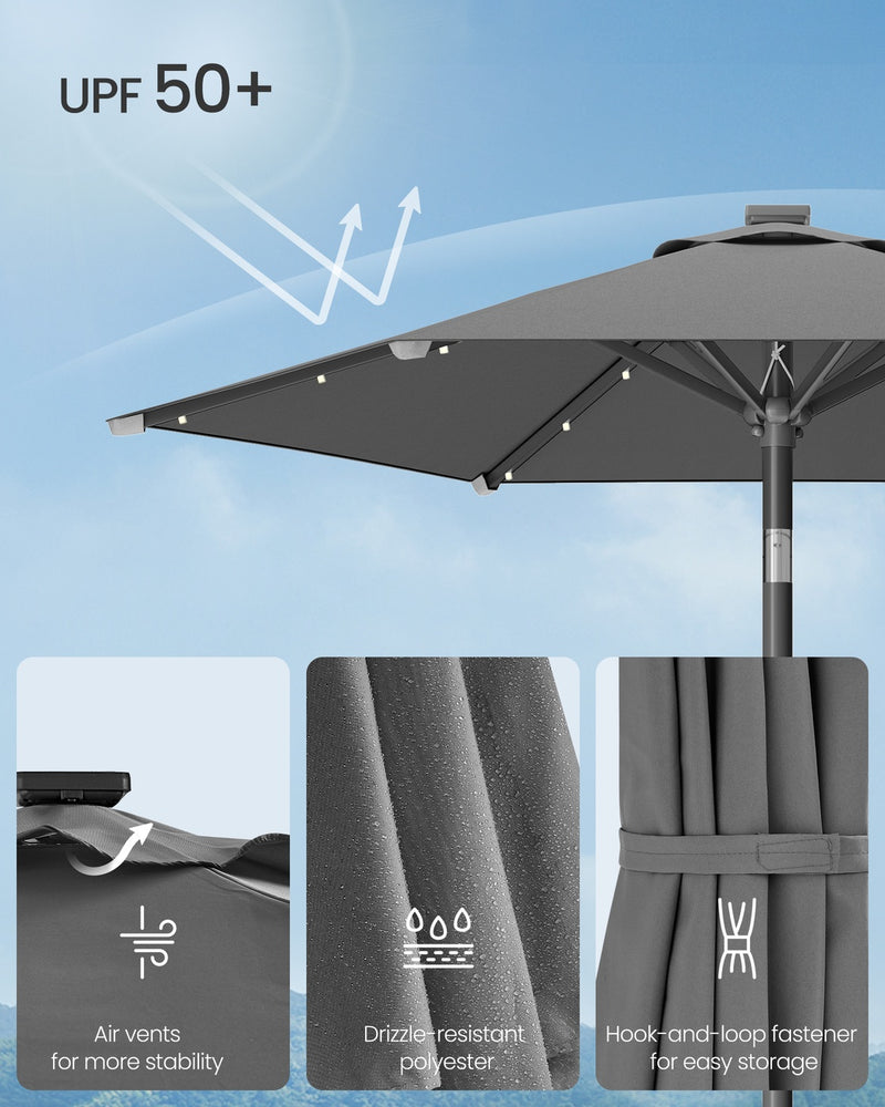2m Grey Garden Parasol With Solar LED Lights Steel Frame & UPF50+ Tilting Shade by SONGMICS