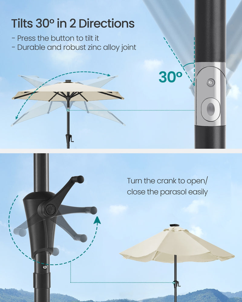 2m Garden Parasol with Solar LED Lights & Tilt Function UPF50+  Beige by Songmics Songmics