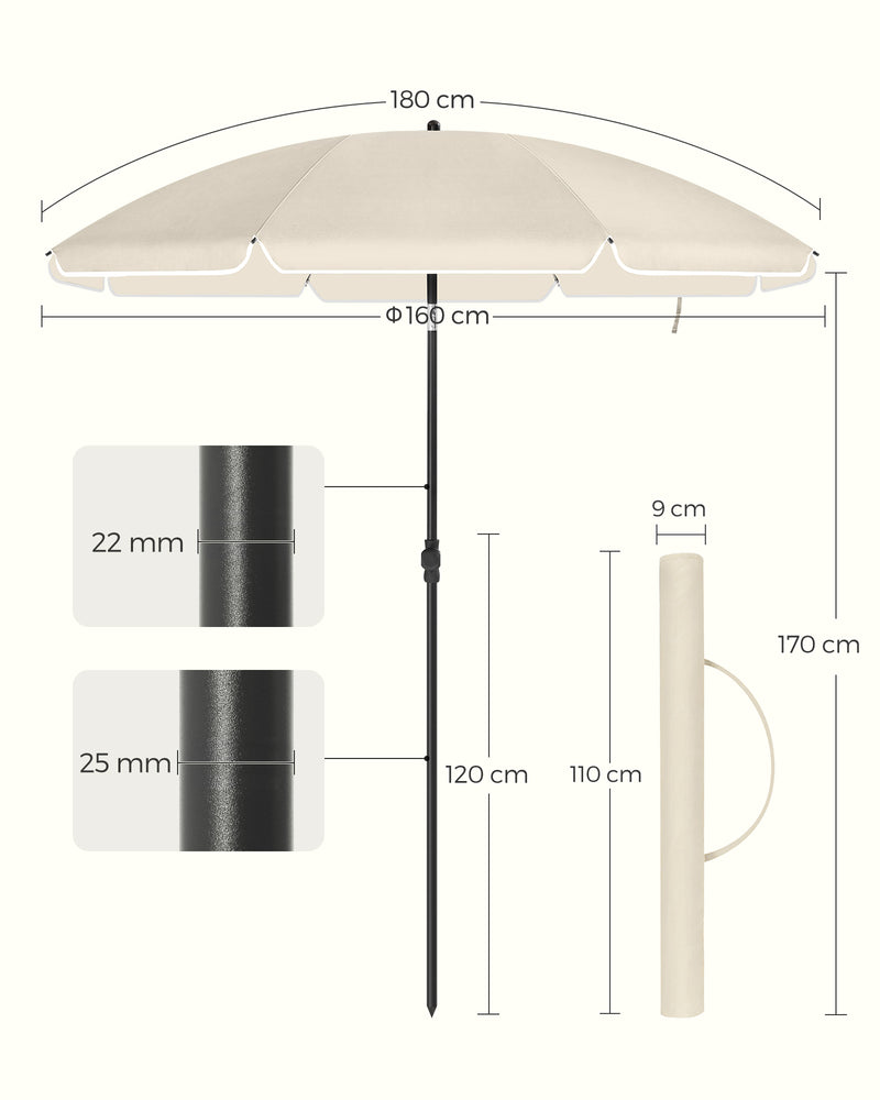 Beige Beach Parasol with UPF 50+ Tilting Canopy 1.8 m by SONGMICS Songmics