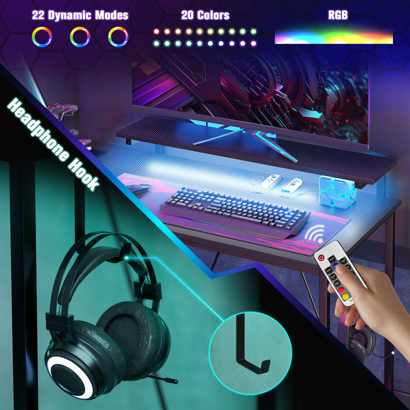 Reversible L Shaped Gaming and Work Desk with LED Lighting for Home Office, Black