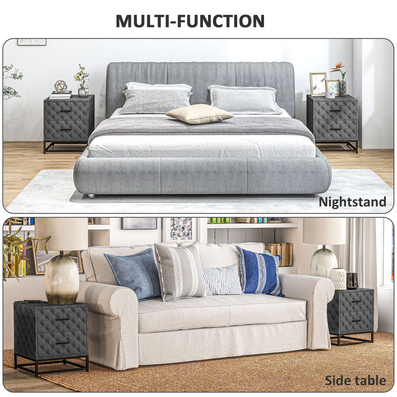 Set of 2 Grey Bedside Tables with 2 Drawers and Steel Legs for Bedroom or Living Room by HOMCOM