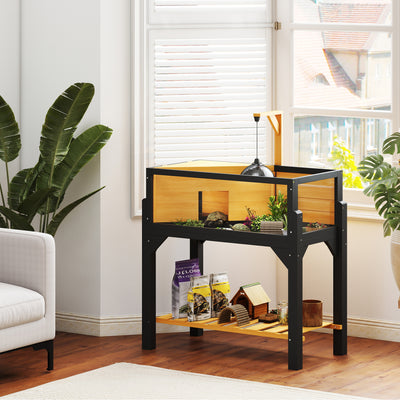 Wooden Tortoise House with Openable Top Clear Windows and Storage Shelf Yellow